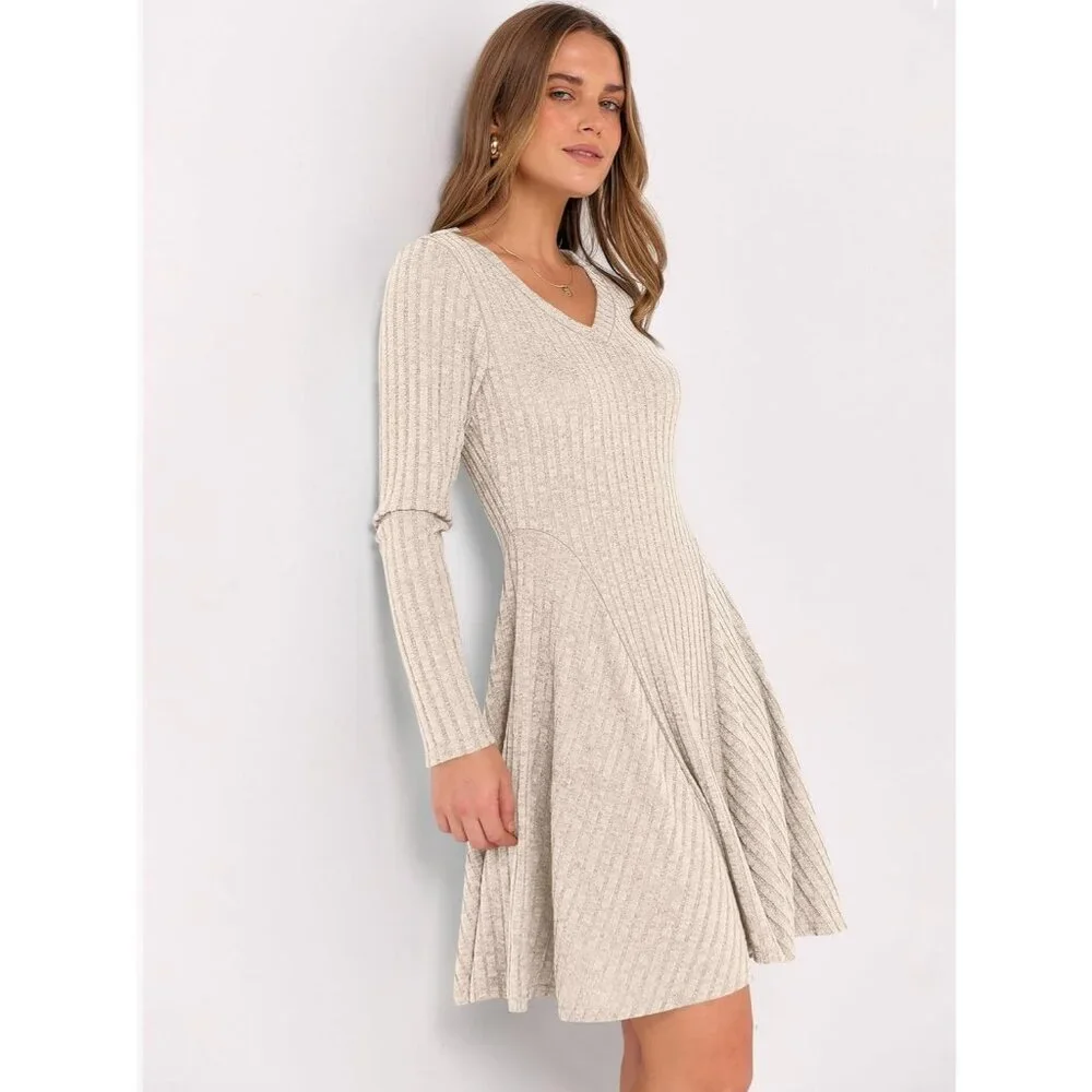 Women's Long Sleeve Ribbed Knit Short Dresses V Neck Swing Sweater Dress Beige - Picture 5 of 7